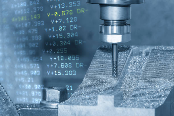 istock Abstract scene the CNC milling machine cutting mold part by solid bull nose end mill tool and G-code data background. 2165393747