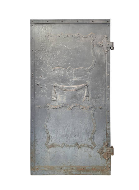 istock Old decorated metal door isolated on white background 2165395671