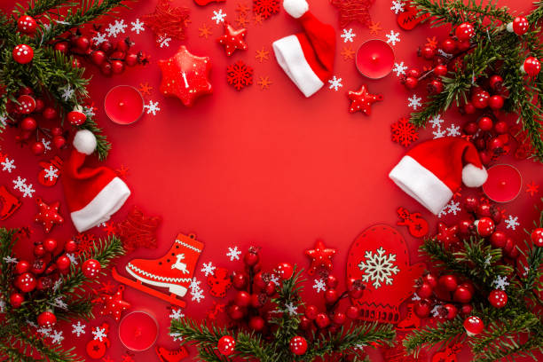 istock Red Christmas background with fir branches 2165398759