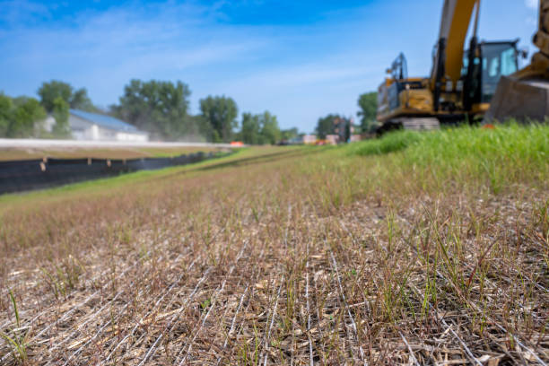 istock Woven straw mat used for stormwater erosion control with grass growing through 2165400342