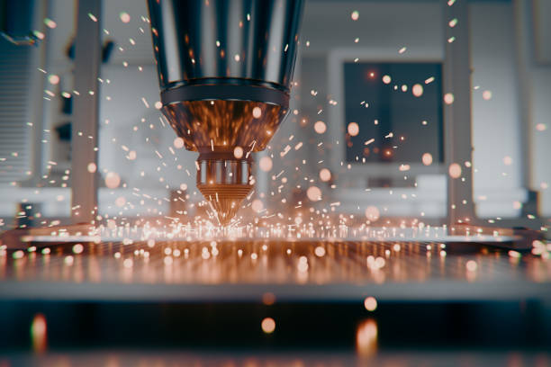 Laser cutting of metal in an industrial process. Sparks spread dynamically, creating an effect of advanced production technology. 3d render
