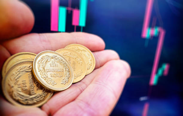 istock Human hand holding Turkish Gold coins on finance chart background 2165402542