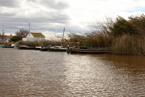 Fisherman standing in his boat on the lake and preparing fishing net.