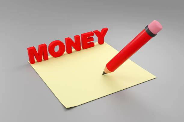 Luxury red inscription money on grey podium, soft light, front view smooth background, 3d rendering