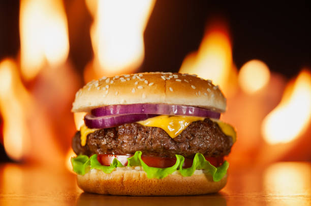 istock Juicy fresh cheeseburger on BBQ grill fire background 2165410957