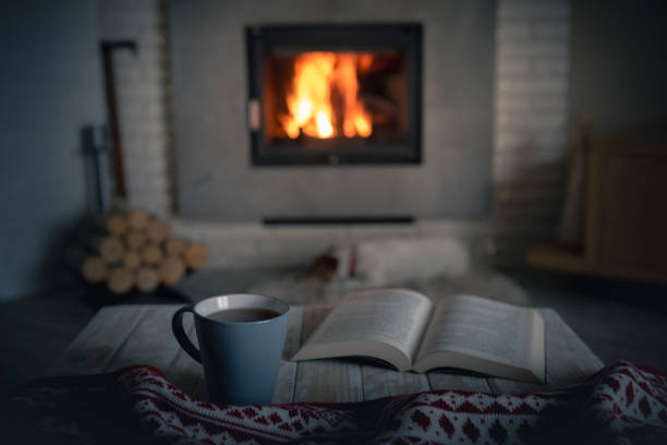 istock Cozy evening with reading near burning warm fireplace 2165411353