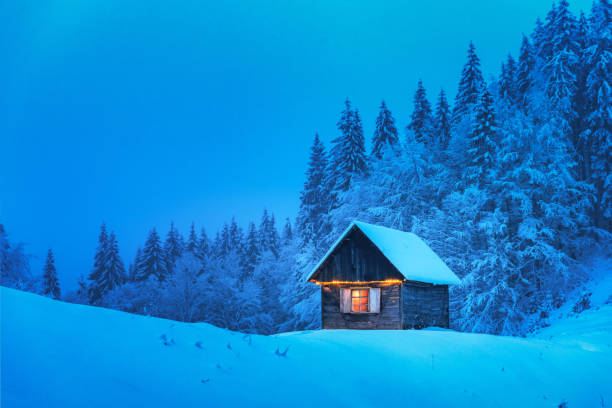 istock A lonely wooden house surrounded by snowy pine trees 2165411496