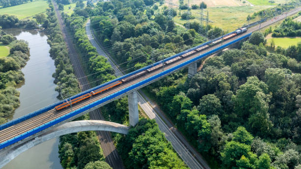 istock Railway bridge over river - aerial view 2165415676