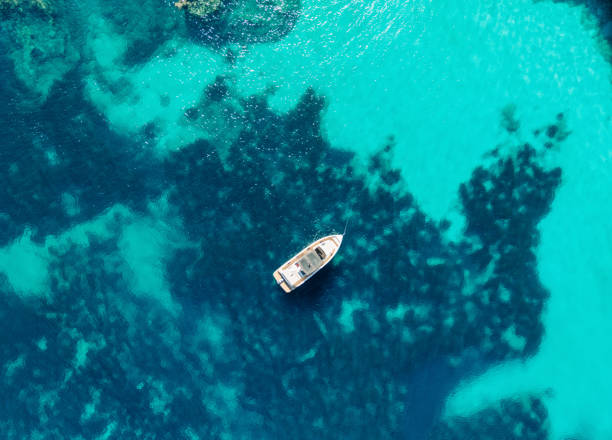 Aerial View of Boat in Crystal Clear Turquoise Waters