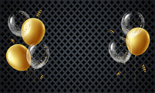 istock Festive 3d gold and transparent balloons background 2165421527