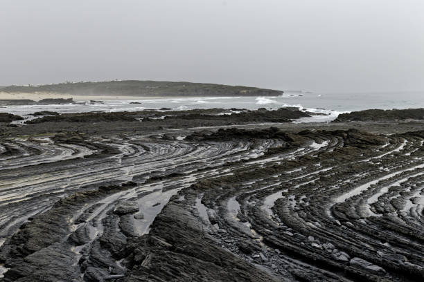 Layered rock formations stretch across the shoreline at Amoreira Beach, Portugal. The misty atmosphere and soft lighting create a dramatic and serene coastal landscape.