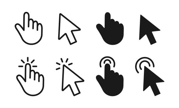 ilustraciones, imágenes clip art, dibujos animados e iconos de stock de ratón del cursor. haga clic en el icono del cursor. ilustración vectorial - puntero del ratón