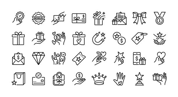 ilustraciones, imágenes clip art, dibujos animados e iconos de stock de conjunto de iconos de línea del programa de fidelización. grupo de objetos. beneficios, beneficios para empleados, cupón, cliente, regalo. - incentivo