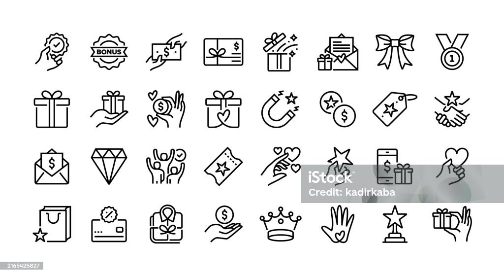 Set de pictograme linie pentru programul de loialitate. Grup de obiecte. Beneficii, beneficii pentru angajați, cupon, client, cadou. - vector de stoc Pictogramă fără redevențe Set de pictograme linie pentru programul de loialitate. Grup de obiecte. Beneficii, beneficii pentru angajați, cupon, client, cadou. - vector de stoc Pictogramă fără redevențe