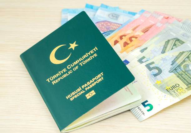 istock Turkish green passport and euro banknotes 2165428189