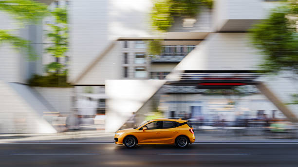A car driving in the city, panning, cgi. (The car design is not based on any real vehicle)