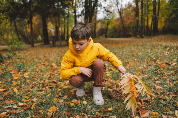 istock Child dressed in a bright yellow raincoat walks along a serene forest 2165432889