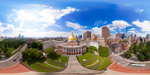 Massachusetts State House. State Capitol Building Downtown Boston. Aerial 360 equirectangular spherical photo 2024