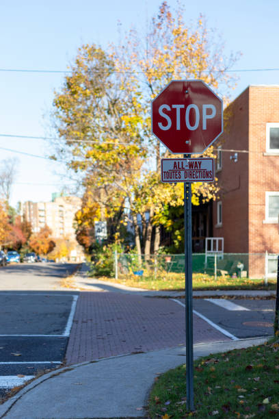 istock Red stop sign at an intersection in Ottawa, Canada 2165446252