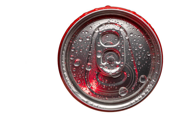 istock Red aluminum can with water droplets on a white background 2165449304