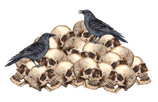 istock Mountain of realistic watercolor skulls with black crows. Watercolor illustration hand drawn in gothic and vintage style. Halloween decoration, symbol of Mexican Day of the Dead, gothic style design. 2165449662