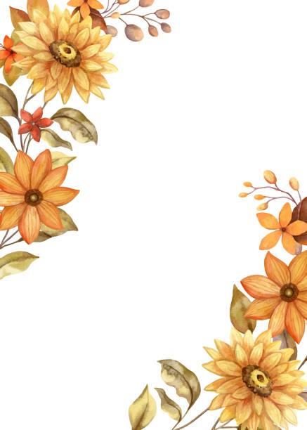 Fall flower vertical frame with watercolor red and orange vector twig of leaves. Hand drawn floral edged template in rustic style. Perfect for autumn botanical invitation and card designs. Fall flower vertical vector frame with watercolor red and orange twig of leaves. Hand drawn floral edged template in rustic style. Perfect for autumn botanical invitation and greeting card design. orange sunflower stock illustrations