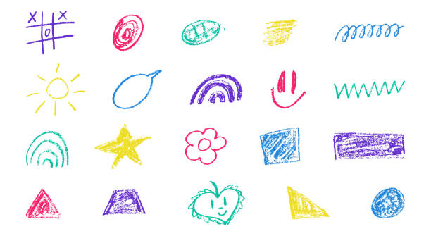 istock Crayon color pencil texture and hand drawn wax element. Children star, circle, shape. Childish chalk pencil scribble. 2165462383