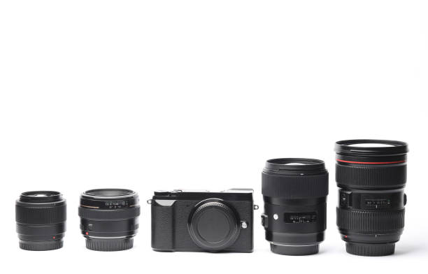 istock Professional camera with lenses on white background. Equipment for photographer 2165468311