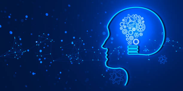 Human head silhouette with cogwheels representing a lightbulb on blue background. 3D Rendering