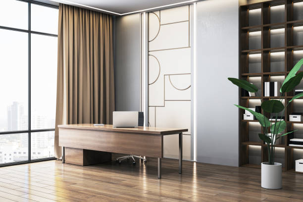 Modern executive office interior with desk, laptop, and city view. 3D Rendering