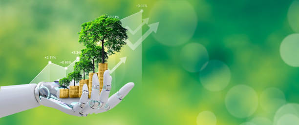 istock Ai robot hand holds a stack of coins with a tree growing on top against a green nature background. 2165473174