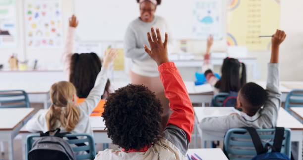 istock Children, back and hands raised at school for question, answer and learning at youth academy. Kids, education and teacher for development with sign for talking, quiz and scholarship in classroom 2165474983