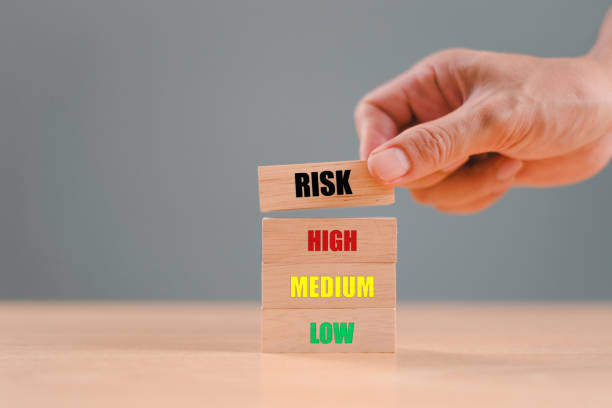 istock Risk management crisis concept. Financial analysis solution for real estate business. Hand stop economic risk. Risk word on wooden block with High Medium and Low. Insurance security assessment 2165475352