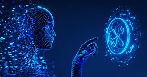 istock Human Digital Avatar as a Symbol of AI presses a virtual button on screen with Technical Support icon. Business, internet, service concept 2165477582