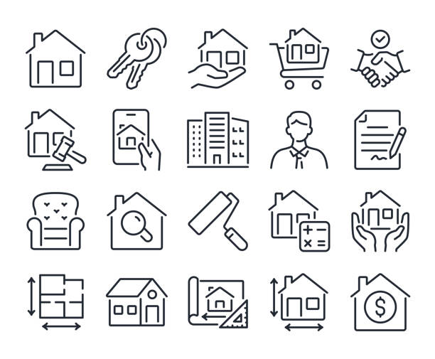 illustrazioni stock, clip art, cartoni animati e icone di tendenza di real estate editable stroke outline icons set isolated on white background flat vector illustration. pixel perfect. 64 x 64. - villa immagine