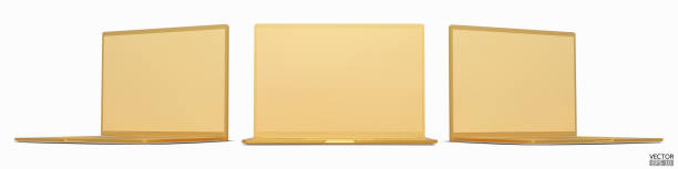 istock Set of 3d gold mockup laptops from different angles isolated on white background. Realistic Laptop golden mockup with gold screen display. 3D vector illustration. 2165482925