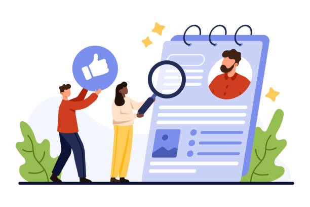 Review data of employees CV, tiny people with magnifying glass research candidates resume Review data of employees CV, vacancy. Tiny people with magnifying glass research professional candidates resume to find skills, recruit staff for hiring and interview cartoon vector illustration screening candidates stock illustrations