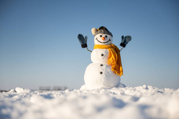istock Snowman with hands up on snowy field 2165487935