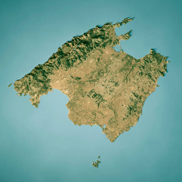 3D Render of a Topographic Map of Mallorca Island, Baleares. \nAll source data is in the public domain.\nColor and Water texture: Contains modified Copernicus Sentinel data courtesy of ESA.\nURL of source image: https://dataspace.copernicus.eu/explore-data/data-collections/sentinel-data/sentinel-2\nRelief texture: SRTM data courtesy of NASA JPL (2020). URL of source image:\nhttps://lpdaac.usgs.gov/products/srtmgl1v003/