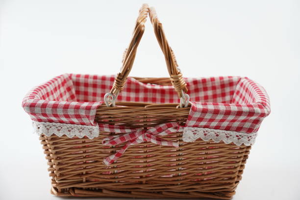 istock Empty picnic basket with red checkered cloth on white background 2165489639