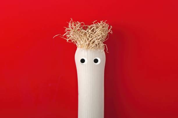 Vegetables: Funny Leek with googly eyes Isolated on red Background.