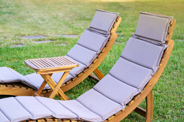 istock Two sunbeds standing in the garden for relaxation 2165496682