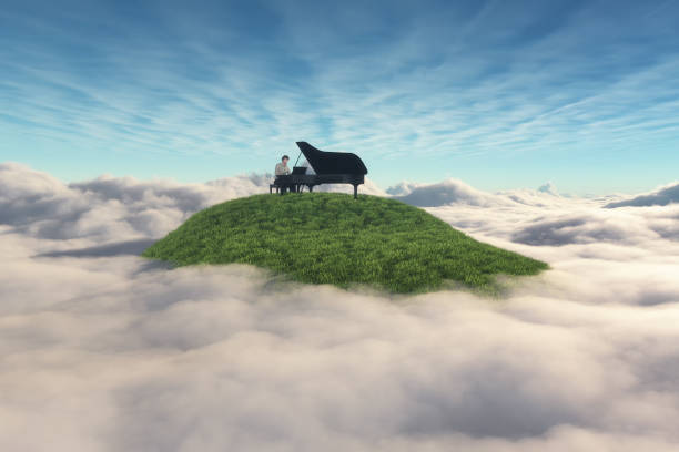 Pianist playing on a green hill above clouds.