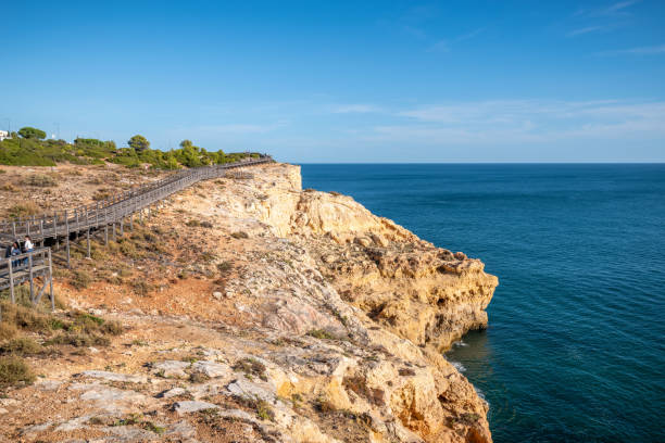 Coastal Boardwalk Along the Cliffs in Carvoeiro, Algarve, Portugal A wooden boardwalk stretches along the rugged cliffs of Carvoeiro in Algarve, Portugal, offering breathtaking views of the Atlantic Ocean. The clear blue sky and golden hues of the rock formations highlight the natural beauty of this coastal landscape. It's the wooden path to Algar Seco beautiful beach in carvoeiro algarve portugal stock pictures, royalty-free photos & images