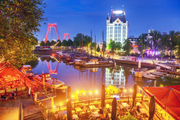 The Old Port located in the Maritime District in Rotterdam at night, Netherlands