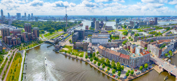 aerial view over rotterdam harbor in the netherlands.