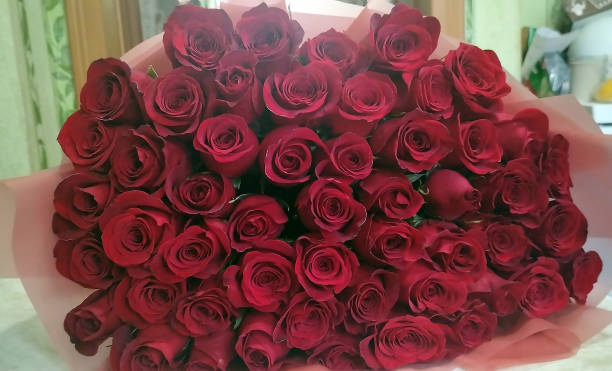 istock A bouquet of dark red blooming roses lying on a table 2165517462