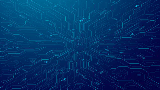 CIRCUIT ISMTRC BG BL Abstract technology circuit board on blue background. Digital isometric tech bg. Computer circuit motherboard. Data and electronics concept. Vector illustration. Futuristic processor background. isometric cloud server stock illustrations