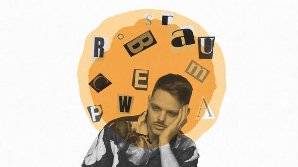 istock Bored young man leaning his head on hand, with flying letters around him symbolizing chaos. Contemporary art collage. 2165522010