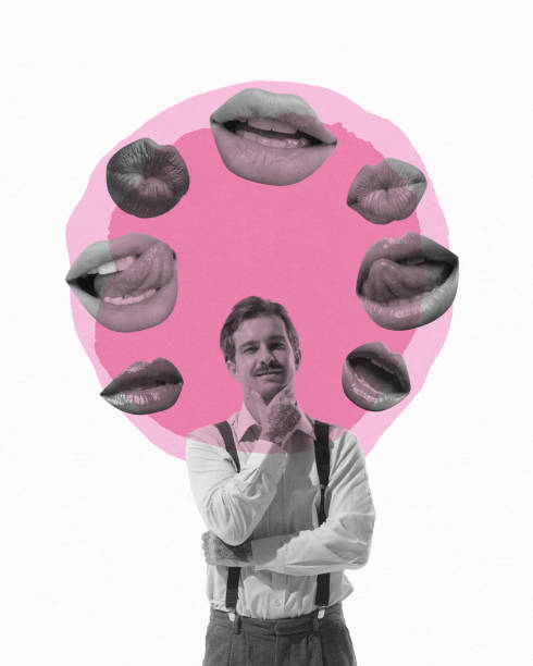 istock Handsome man in retro style clothes surrounded by lips, symbolizing desire and romance. Romantic dates. Contemporary art collage. 2165522019
